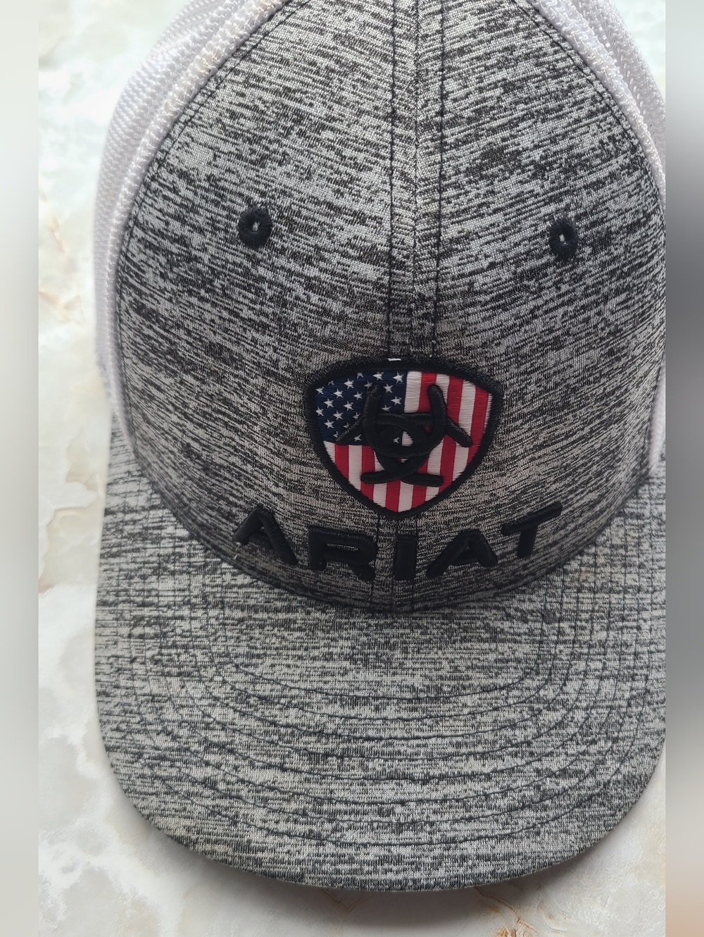 Ariat Heather Gray and White Trucker Hat with American Shield Patch